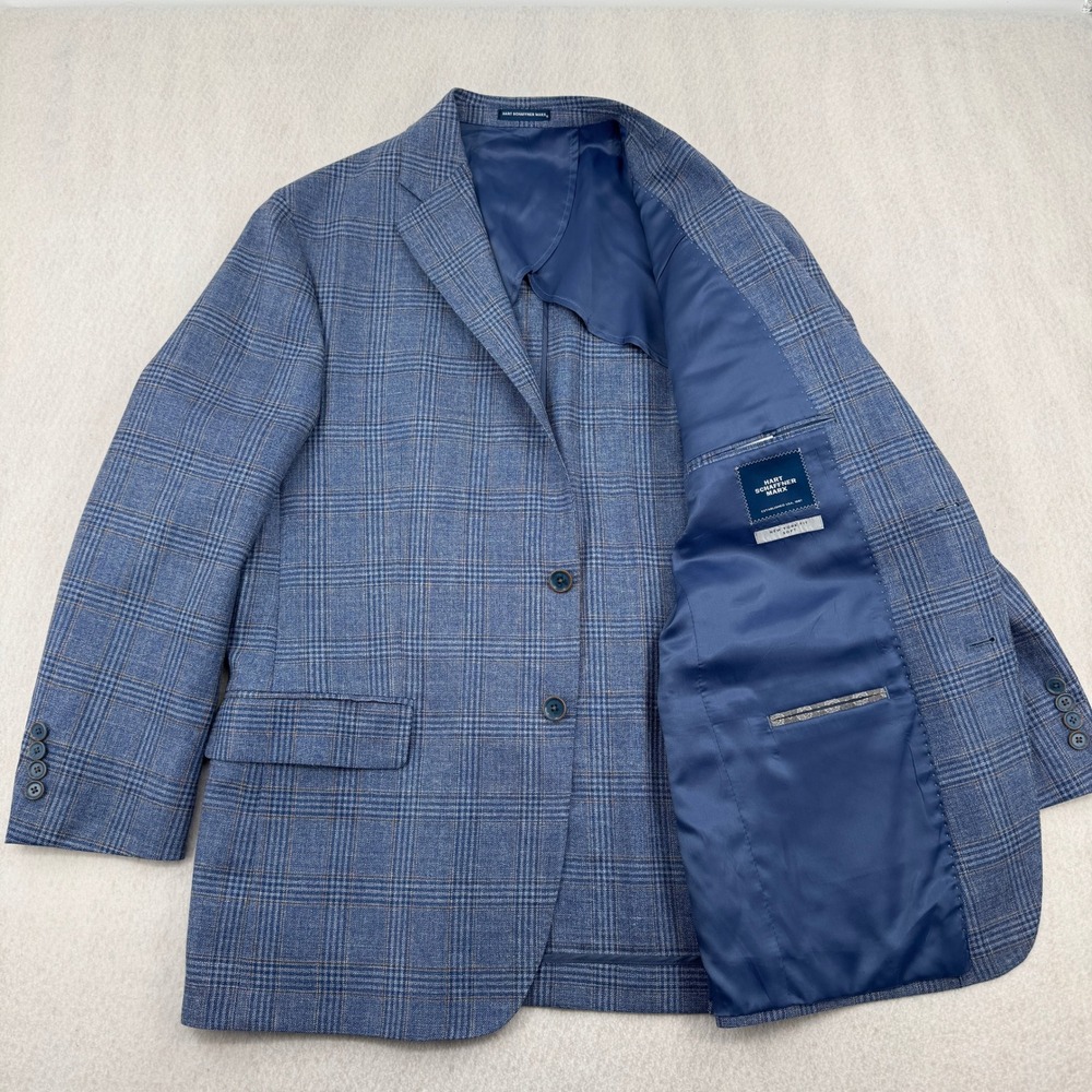 Hart Schaffner Marx 42R Blue Plaid Wool/Silk/Linen Half-Lined New York Blazer